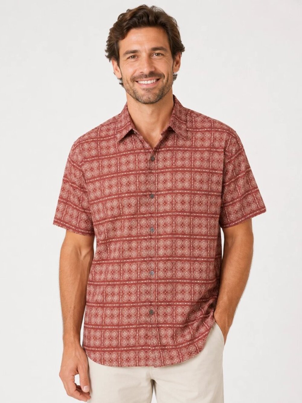 Tori Richard Men's Medium Brick Red Cotton Lawn Geometric Aloha Button Up Shirt